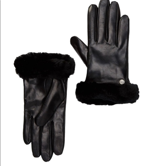 UGG Accessories - UGG Genuine Shearling Trimmed Black Leather Gloves